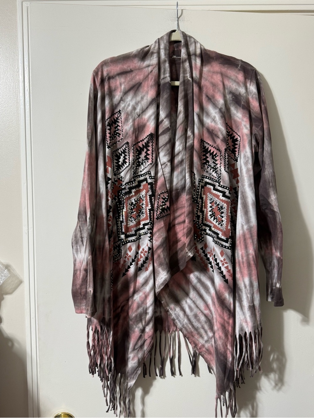 VOCAL Tie Dye Southwestern Rhinestone Fringe Open Cardigan Western Boho L - Picture 4 of 5